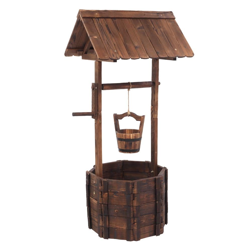 Outdoor Decoration Wooden Wishing Well Flowerpot Brown Modern Contemporary Round 22*45 - Diamond Home USA