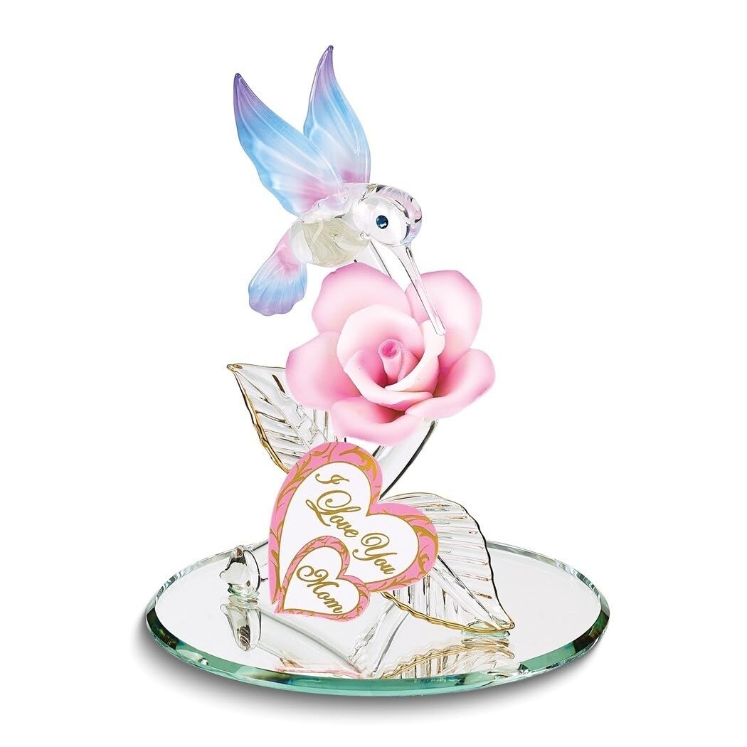 Love You Mom Hummingbird and Rose Figurine Multi Color Glass