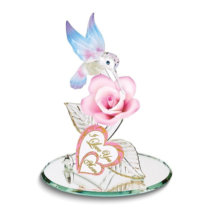 Love You Mom Hummingbird and Rose Figurine Multi Color Glass