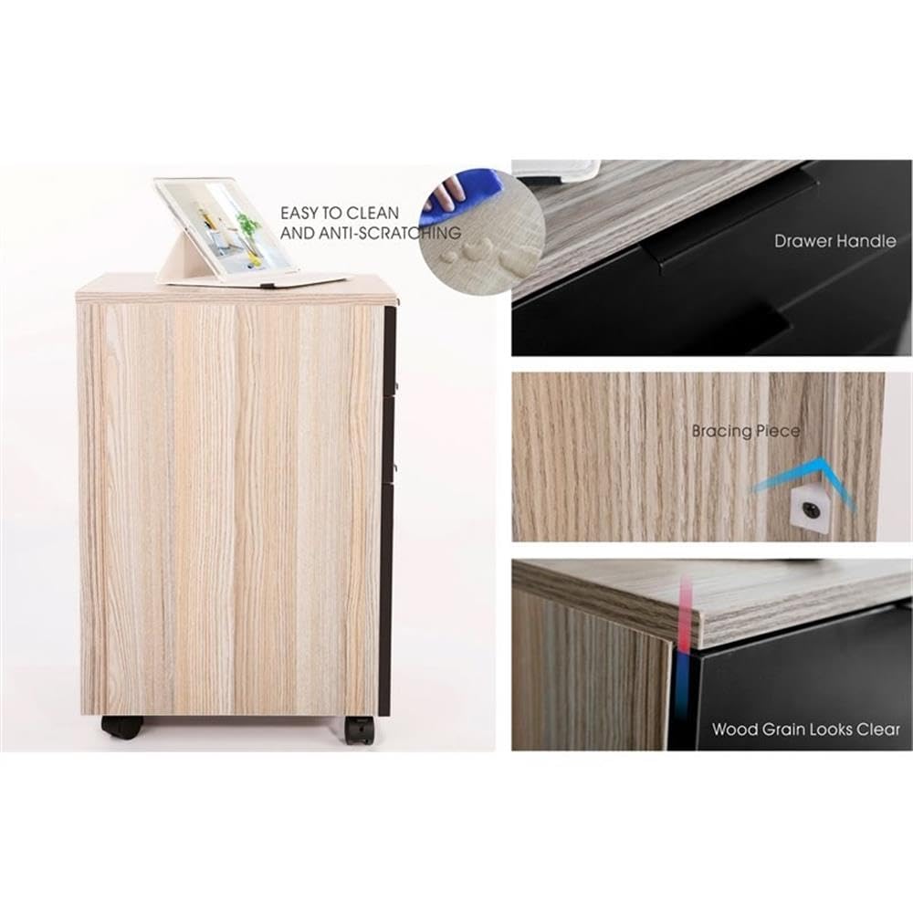 JJS 3 Drawer Rolling Wood File Cabinet with Locking Wheels Home Office