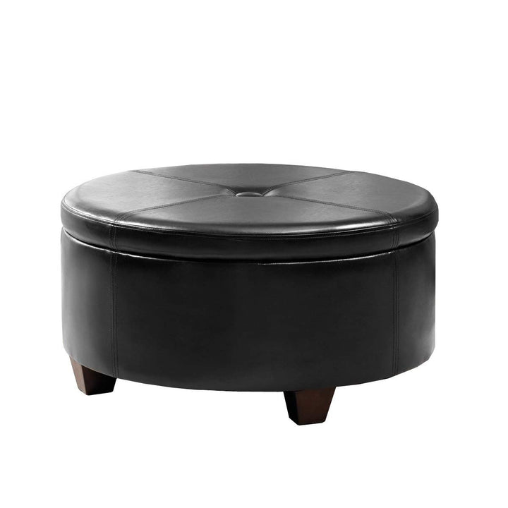 Large Round Button-top Storage Ottoman Black Solid Modern Contemporary Faux - Diamond Home USA