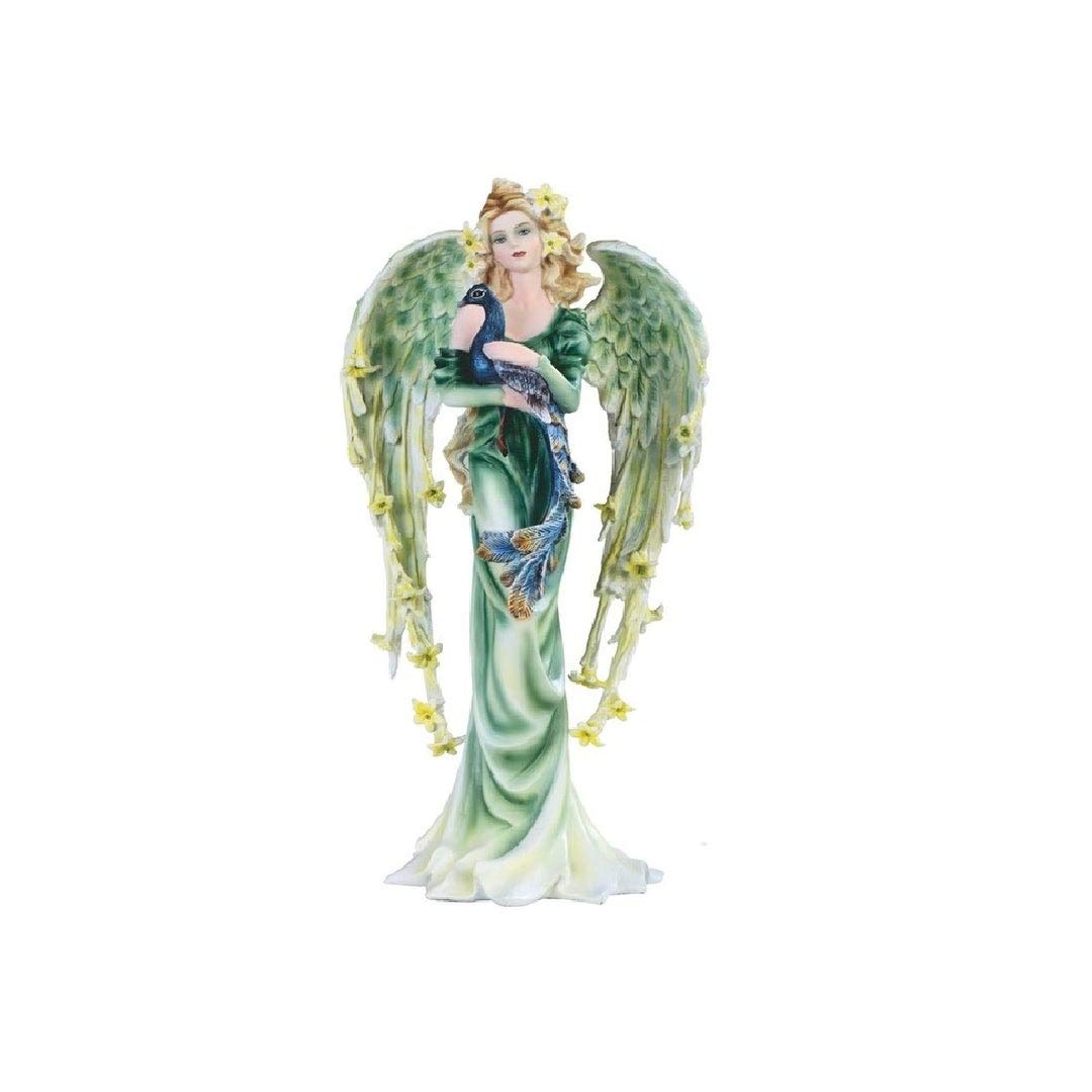 9.25" h Green Angel Fairy with Peacock Statue Fantasy Decoration Figurine