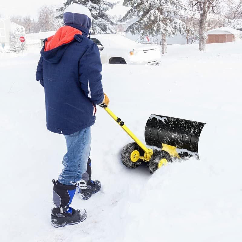 Heavy-Duty Rolling Snow Pusher with Wheels and Adjustable Handle Black Yellow - Diamond Home USA