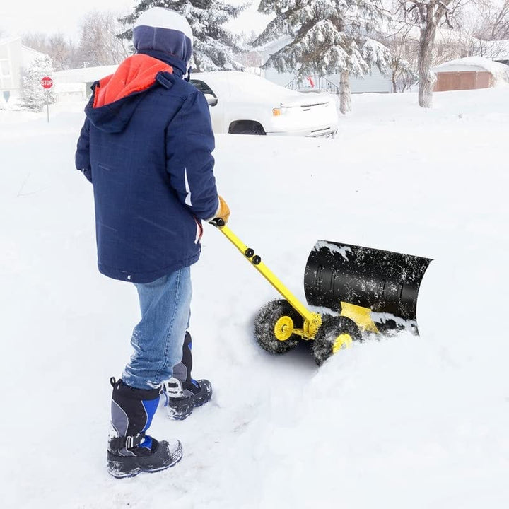 Heavy-Duty Rolling Snow Pusher with Wheels and Adjustable Handle Black Yellow - Diamond Home USA