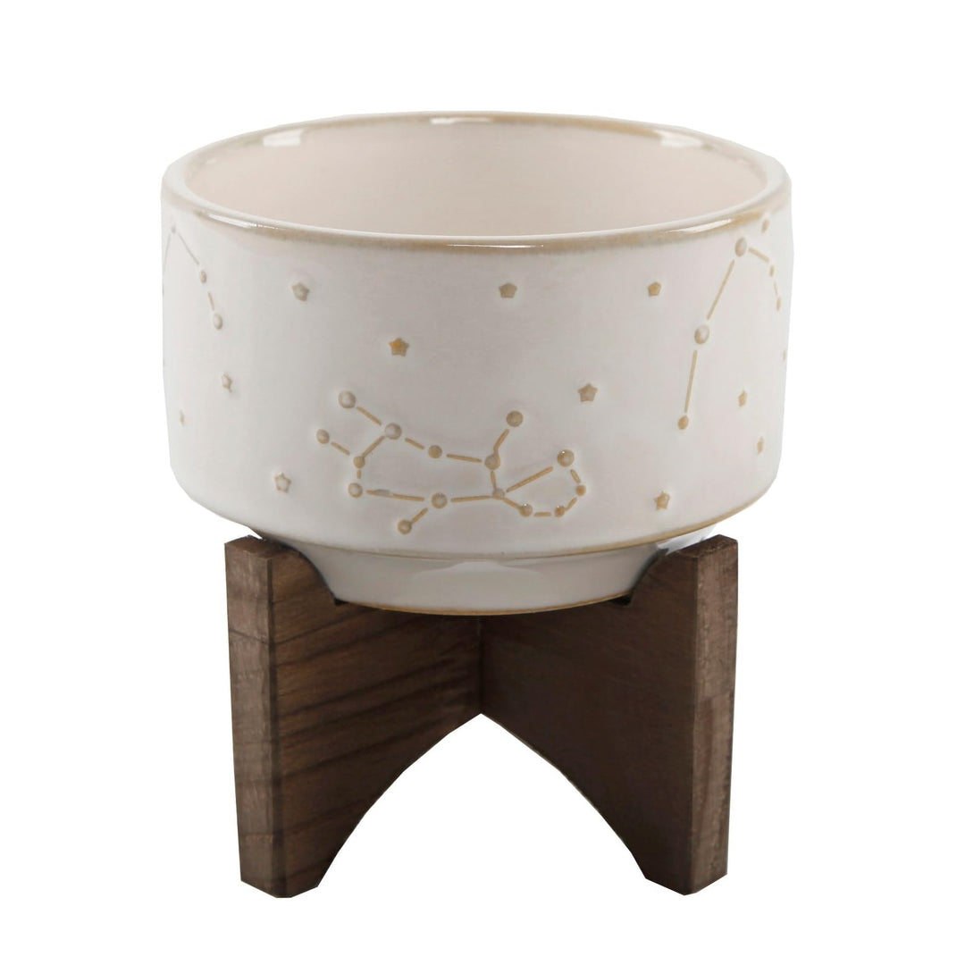 Flora Bunda 4 Inch Constellation Ceramic Pot on Wood Stand Mid Century Glass Blue - Diamond Home USA