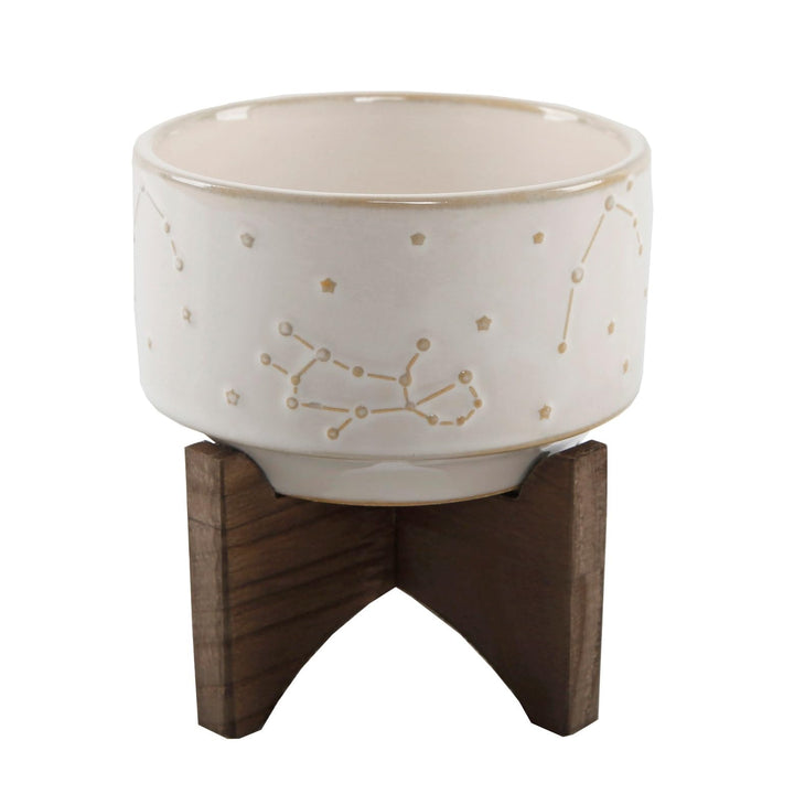 Flora Bunda 4 Inch Constellation Ceramic Pot on Wood Stand Mid Century Glass Blue - Diamond Home USA