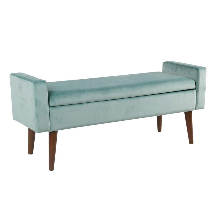 Velvet Storage Bench Blue Solid Mid-Century Modern Walnut Finish - Diamond Home USA