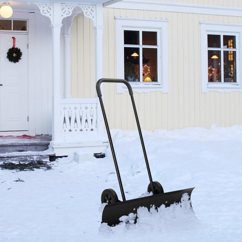 39 in. Black Snow Shovel Rolling Pusher with 2 Wheels 37.37 X 7.87 Inch Metal - Diamond Home USA