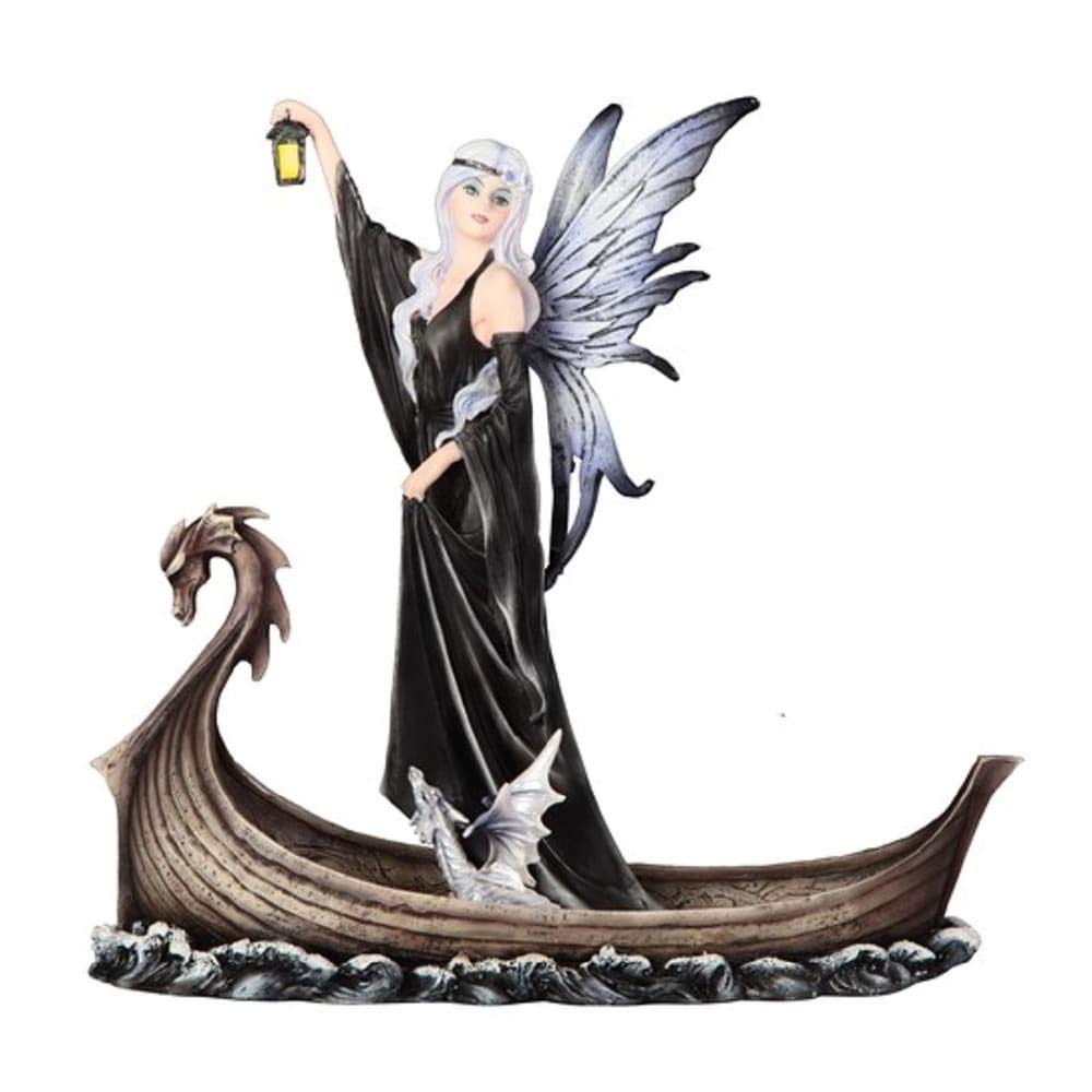 11" w Gothic Black Fairy with Baby Dragon in Boat Holding Lantern Statue Fantasy