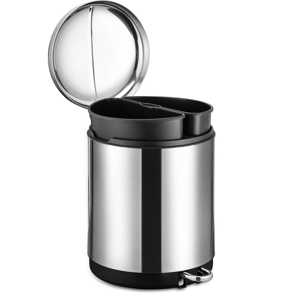Dual Compartment Recycling Kitchen Step Trash Can with Lid 8 Silver Round