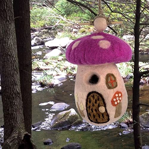 Handmade Felt Wild Magic Mushroom Birdhouse (Nepal) Purple Country Farmhouse - Diamond Home USA