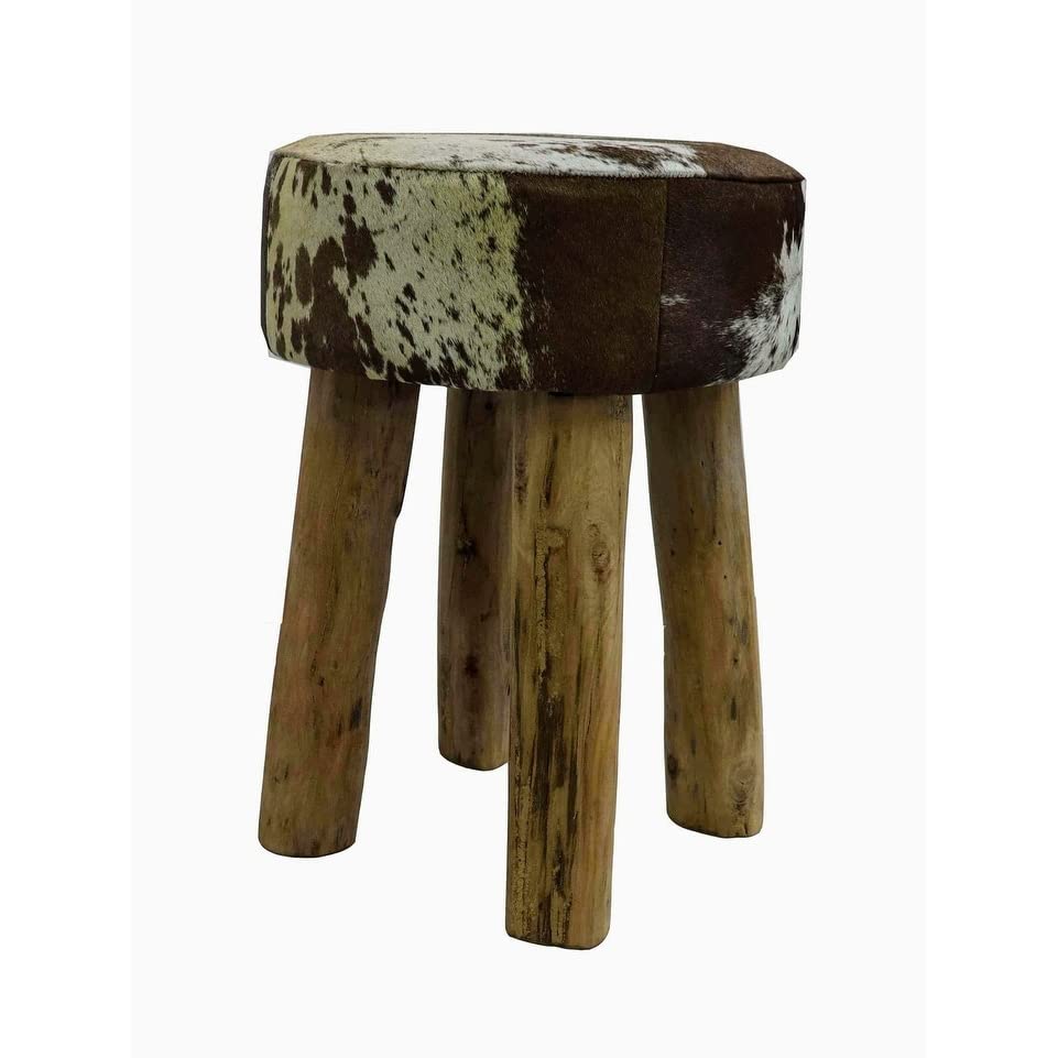 Round Stool in Brown White w Hide with Wood Legs Multi lor Rustic Pattern - Diamond Home USA
