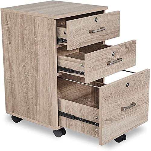 3-Drawer Rolling Wood File Cabinet with Lock Natural Modern Contemporary Mobile Oak - Diamond Home USA