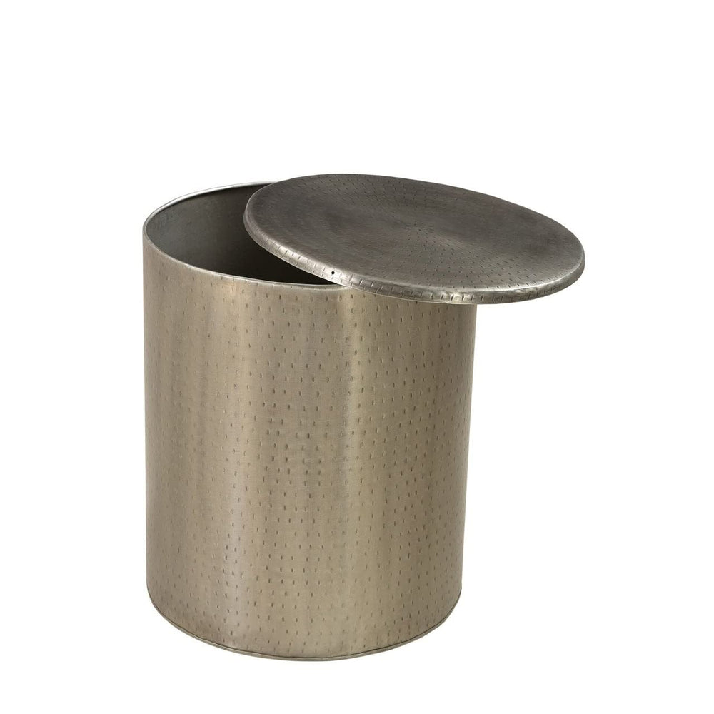 Drum Silver Iron End Table Industrial Round Metal Hammered Hidden Storage - Diamond Home USA