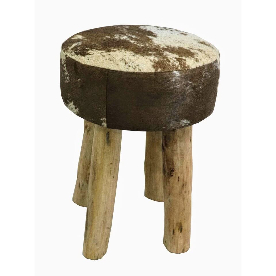 Round Stool in Brown White w Hide with Wood Legs Multi lor Rustic Pattern - Diamond Home USA