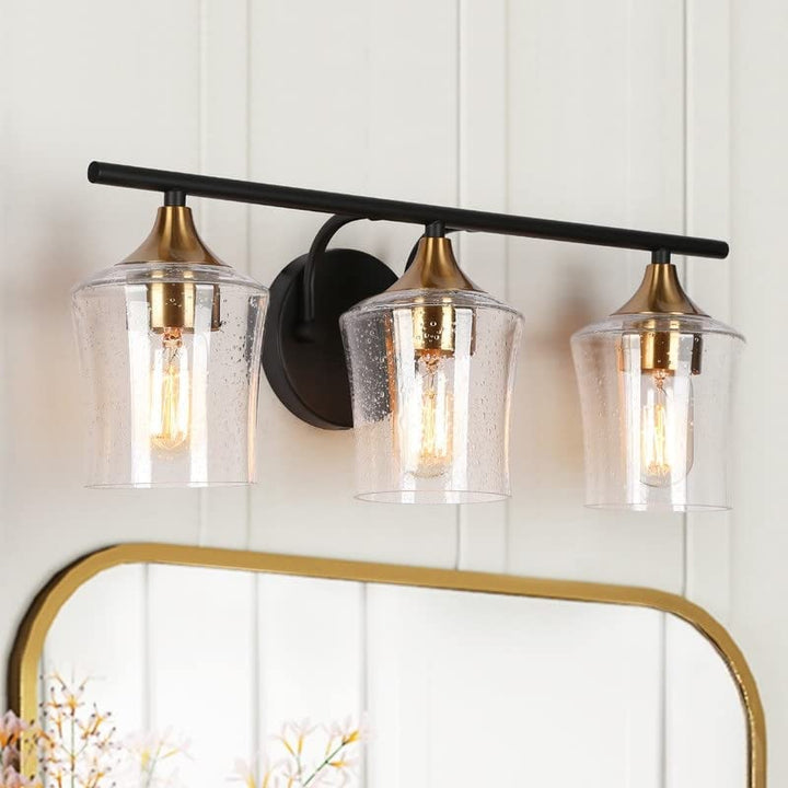 Modern Black Gold 3-Light Linear Bathroom Vanity Lights with Seeded Glass Shades