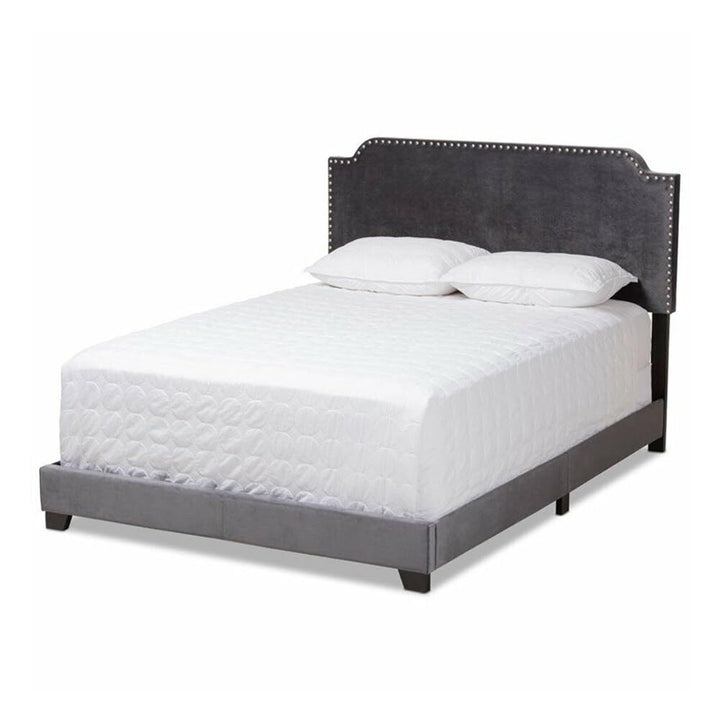 King Size Velvet Nailhead Upholstered Bed Grey Modern Contemporary Finish