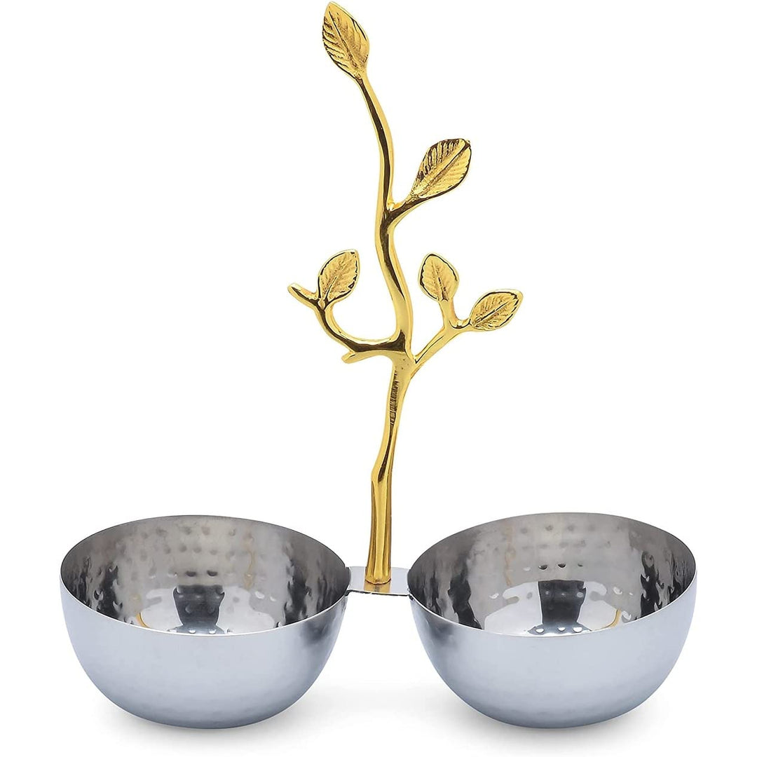 Textured Decorative Bowls With Gold Leaf Handle Silver Metal