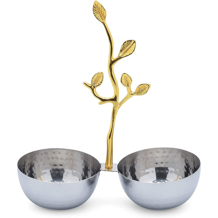 Textured Decorative Bowls With Gold Leaf Handle Silver Metal