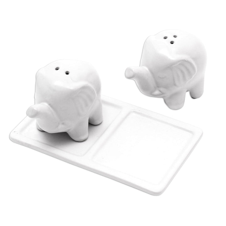 Handmade Eager Elephants In White Ceramic Salt And Pepper Set 1 Piece - Diamond Home USA