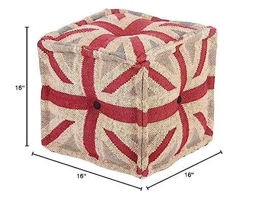 Handmade Upholstered Pouf - 16" L X W H Beige Grey Red Geometric Bohemian - Diamond Home USA