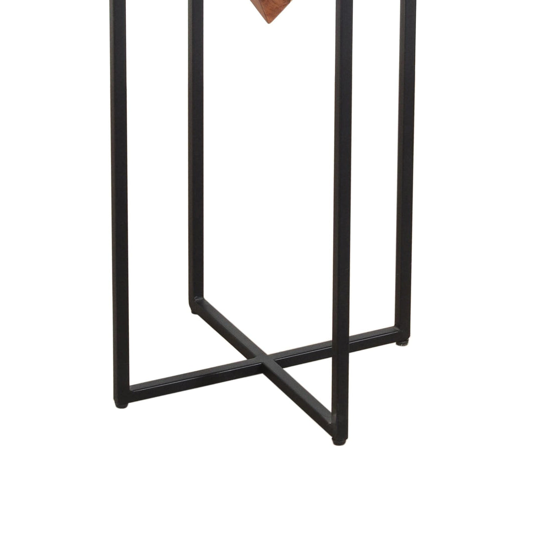30 ch Pyramid Shape Wooden Side Table with Cross Metal Base Brown and Black - Diamond Home USA