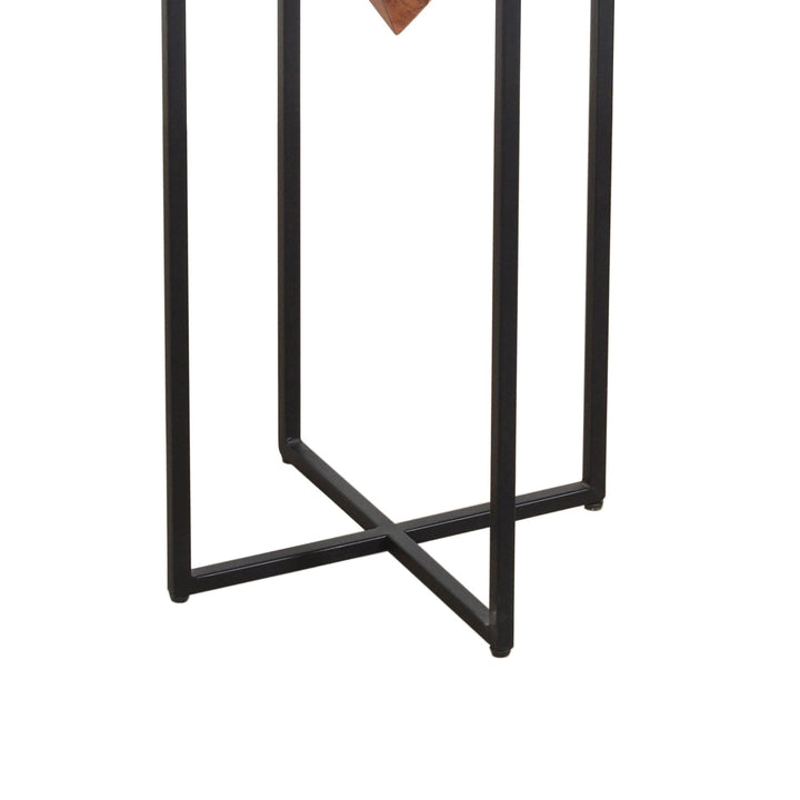 30 ch Pyramid Shape Wooden Side Table with Cross Metal Base Brown and Black - Diamond Home USA