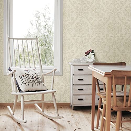 Beige Damask Wallpaper 20.5in X Farmhouse Paper Washable - Diamond Home USA