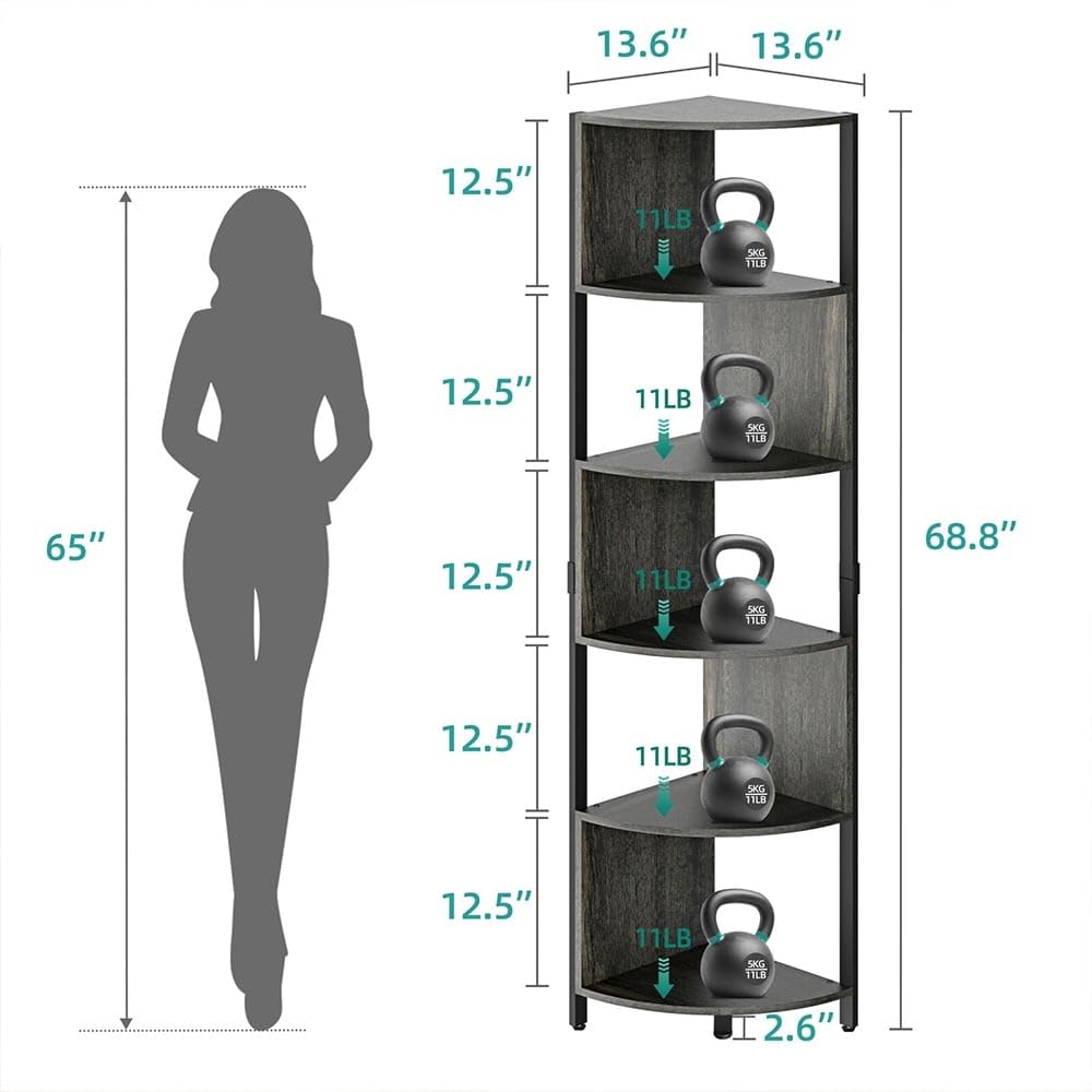 6-Tier Corner Bookshelf 68.8" Tall Modern Free Standing Zigzag Gray 52 X 63 Grey - Diamond Home USA