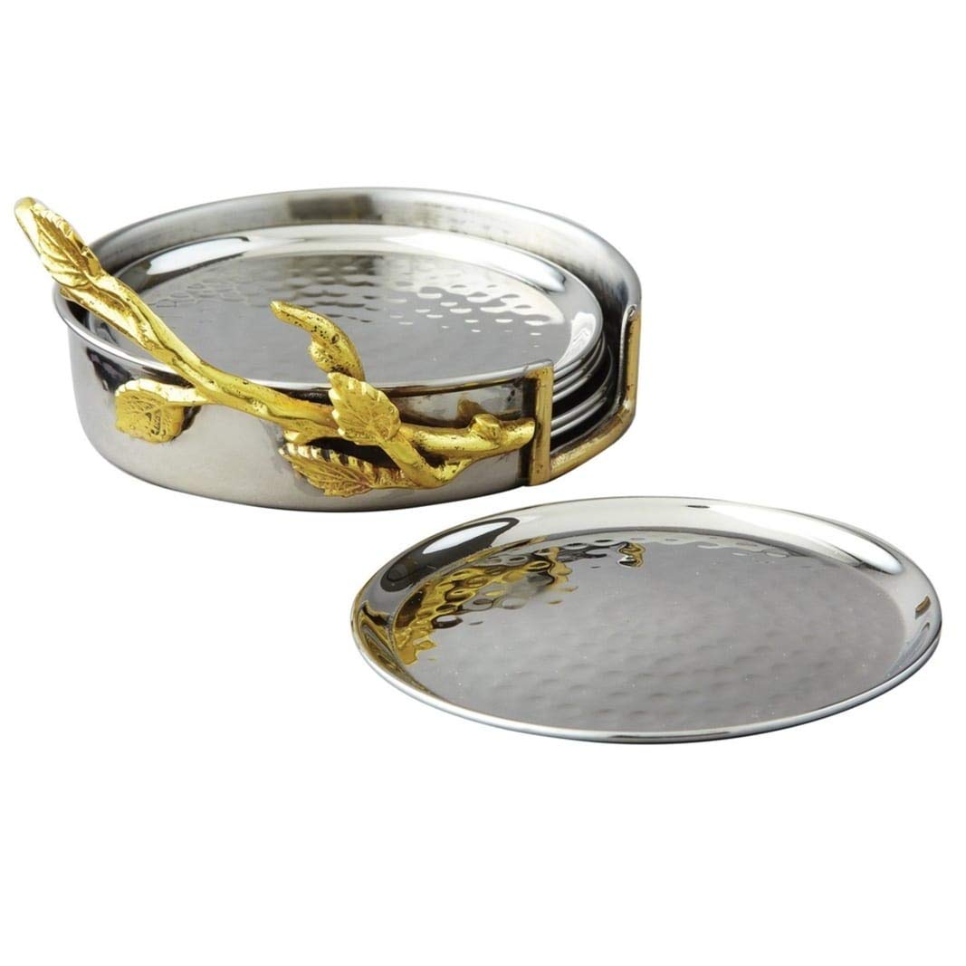 Hammered 7 Pcs Coaster Set 4" Diameter Gold Silver Metal Stainless Steel - Diamond Home USA