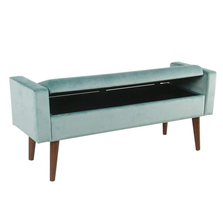 Velvet Storage Bench Blue Solid Mid-Century Modern Walnut Finish - Diamond Home USA