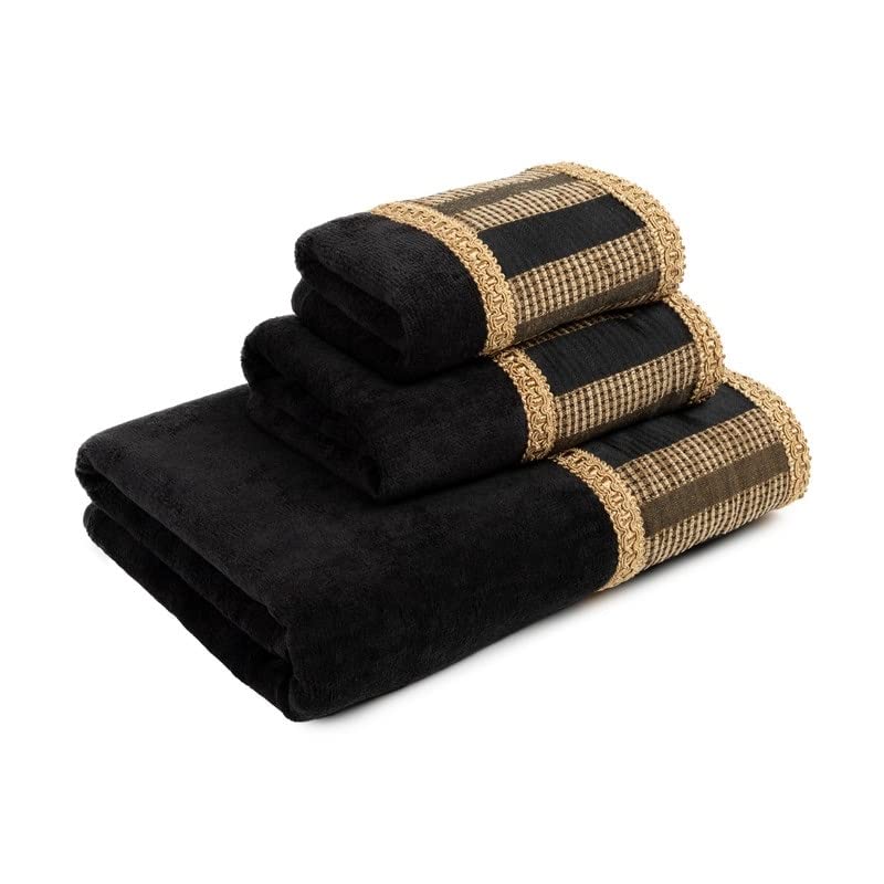 Charming Black 3-Piece Decorative Towel Set Jacquard Fabric Band Double Row Gimp