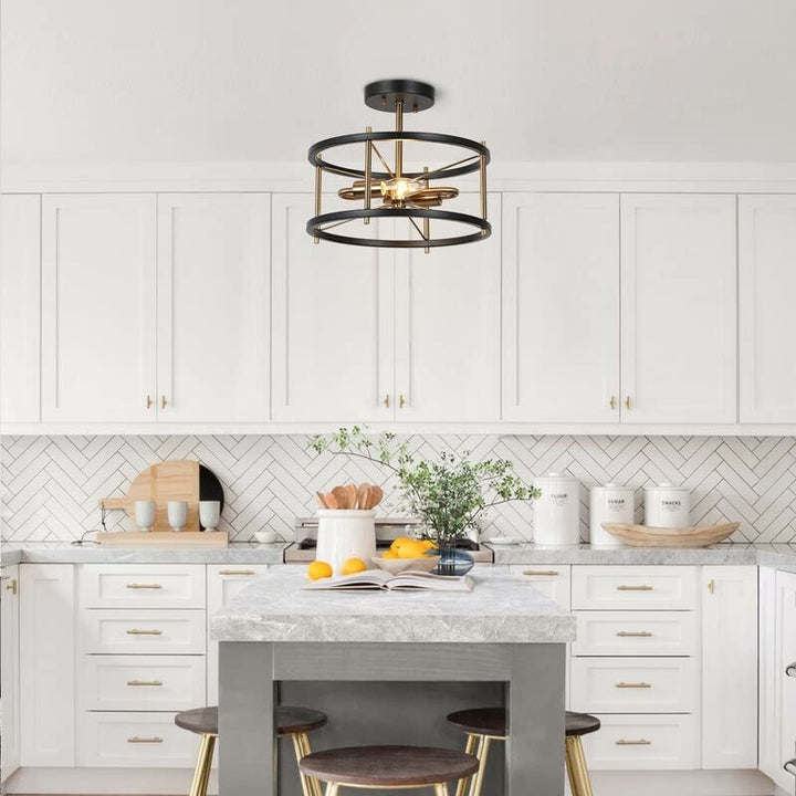 Modern 2-light Black Gold Metal Drum Semi Flush Mount Ceiling Lights 12" D X 10" - Diamond Home USA
