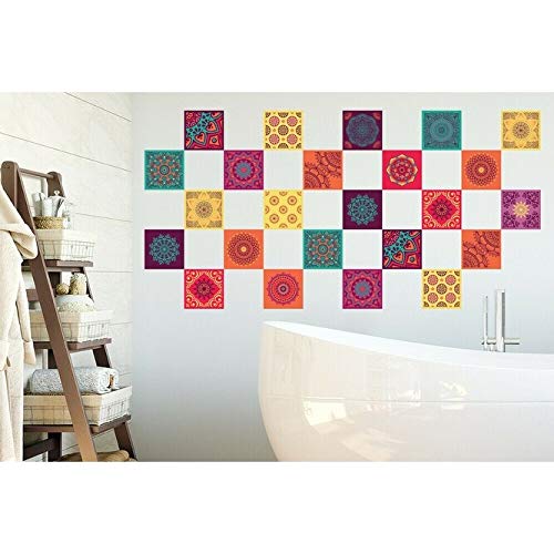 Colorful Mandala Tile Stickers Peel and Stick Wall Sticker 24pcs 4"x4" Green - Diamond Home USA