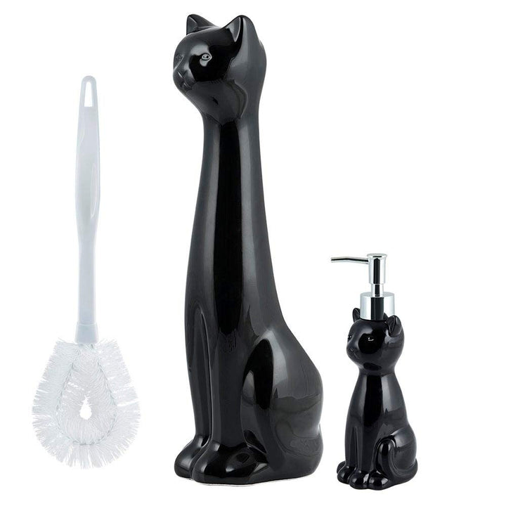 Cat Bowl Brush Holder/Lotion Pump Set Black 2 Piece Animal Print Modern