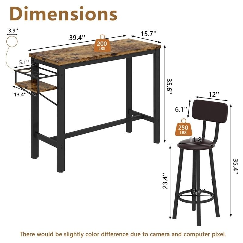 3 Pieces Bar Table Set Pub with Pu Leather Stools and Wine Bottle Rack Counter - Diamond Home USA