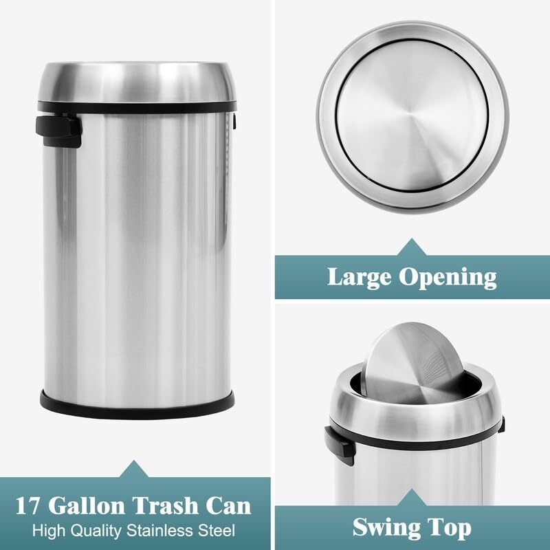 17 Gallon Swing Open Trash Can Silver Oval Stainless Steel Fire-Safe - Diamond Home USA
