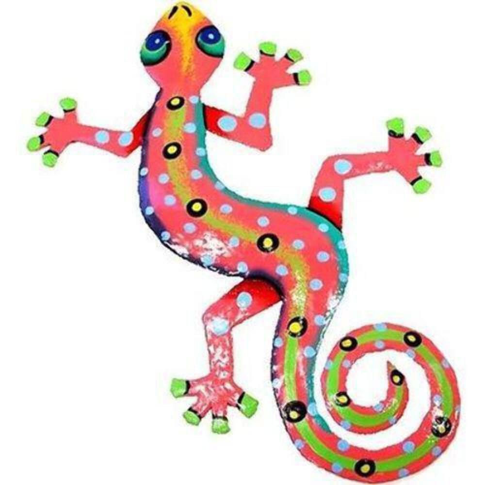 Global Crafts 8" Painted Gecko Recycled Haitian Metal Wall Art Multi Colored Pink 8"