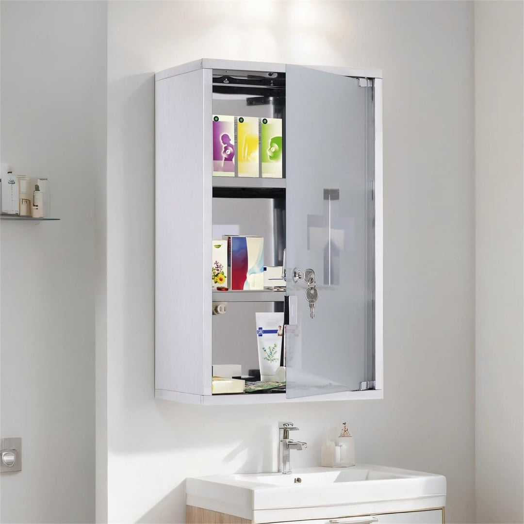 Wall Mounted Medicine Cabinet Locking W/ 3 Tier Shelves White Modern