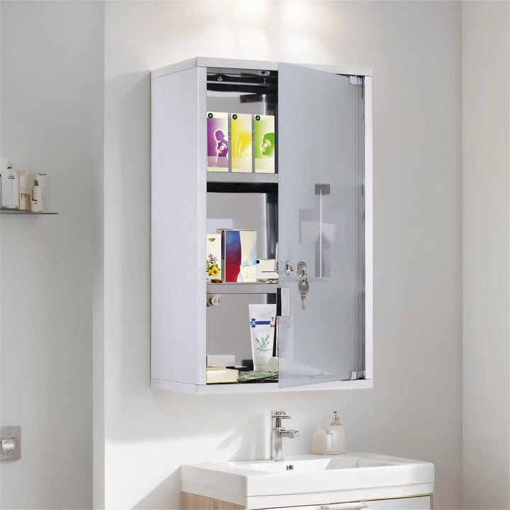 Wall Mounted Medicine Cabinet Locking W/ 3 Tier Shelves White Modern