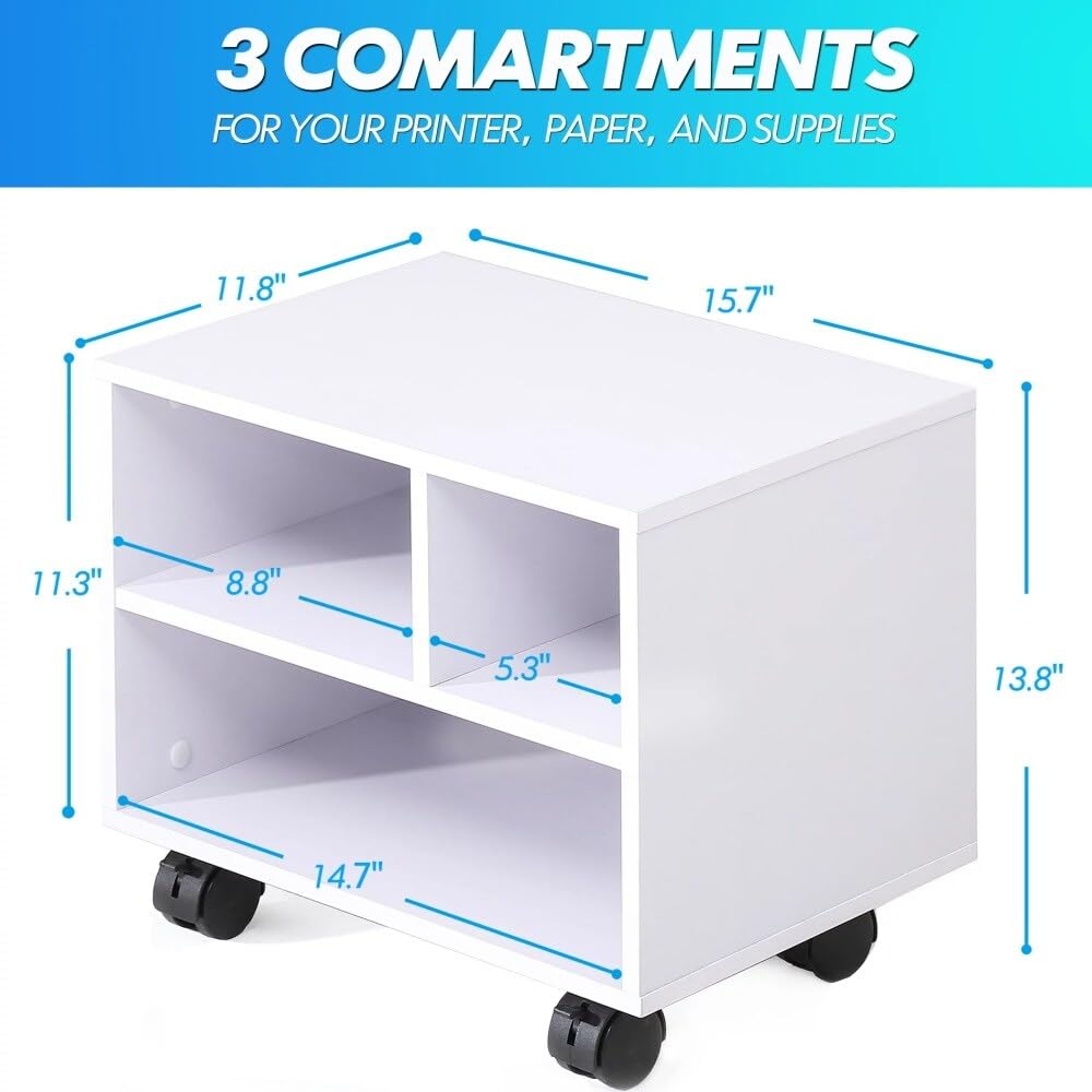 Printer Stand On Wheels Mobile Under Desk Work Cart White Modern Contemporary - Diamond Home USA