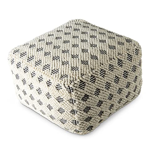 Pouf Ottoman Black Natural Patterned Transitional Pattern Square Cotton Handmade - Diamond Home USA