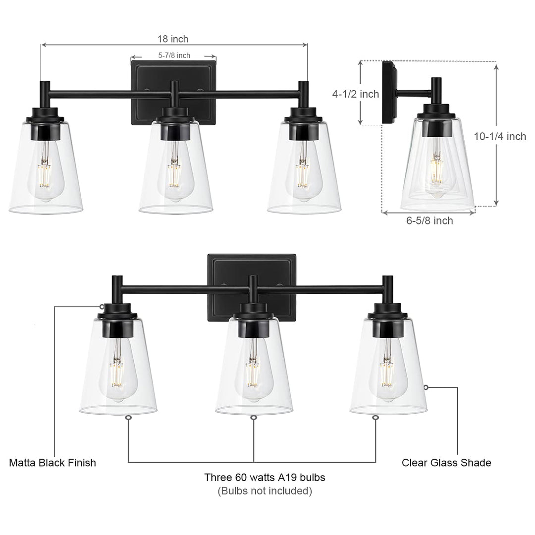 Eurus Home 3-Light Bathroom Vanity Light Fixture Matte Black Wall Sconce with . - Diamond Home USA