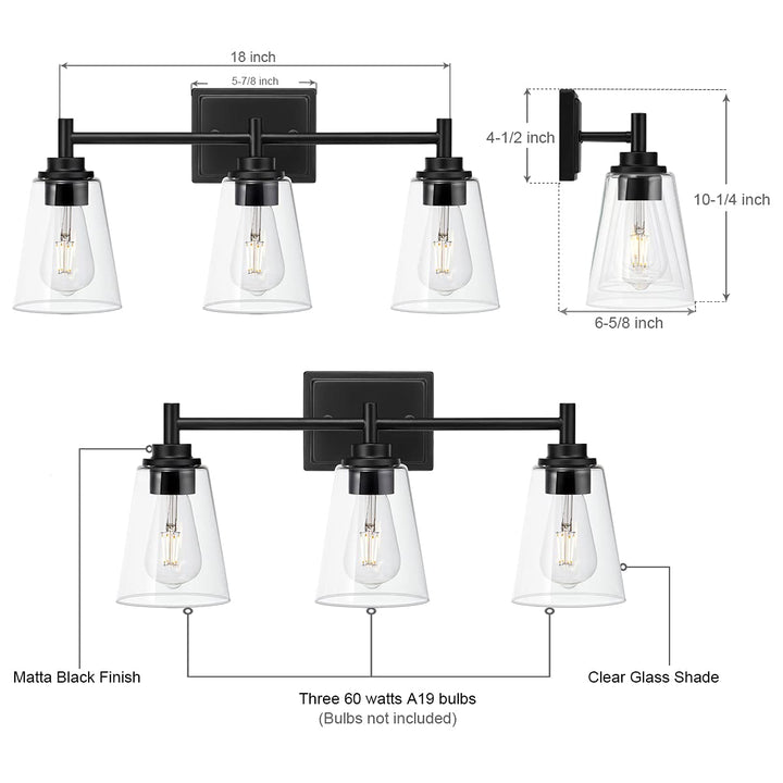 Eurus Home 3-Light Bathroom Vanity Light Fixture Matte Black Wall Sconce with . - Diamond Home USA