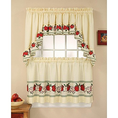 3 Piece 24 Inch Red Color Delicious Apple Curtain Tier & Swag Set White 24-inch - Diamond Home USA