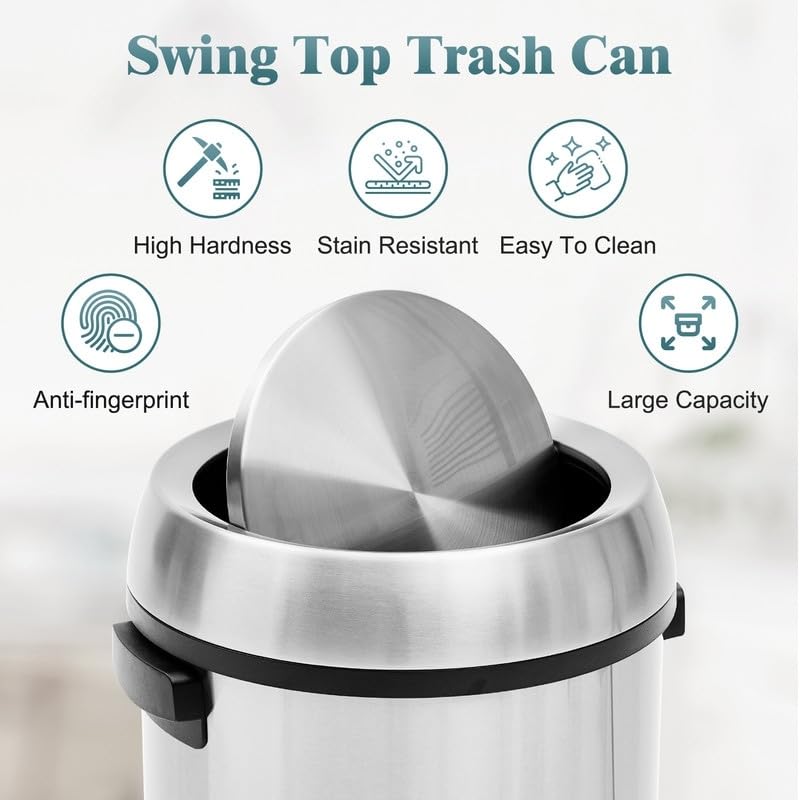 17 Gallon Swing Open Trash Can Silver Oval Stainless Steel Fire-Safe - Diamond Home USA