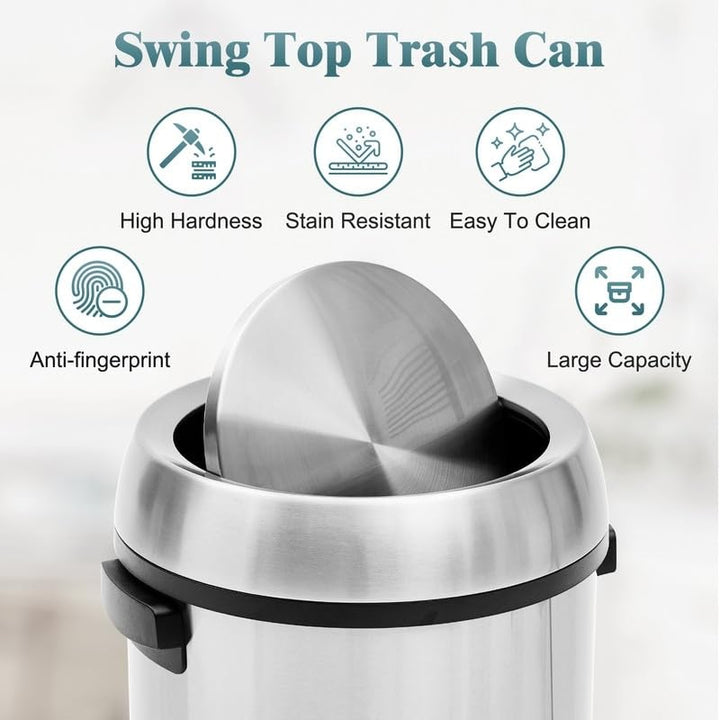 17 Gallon Swing Open Trash Can Silver Oval Stainless Steel Fire-Safe - Diamond Home USA