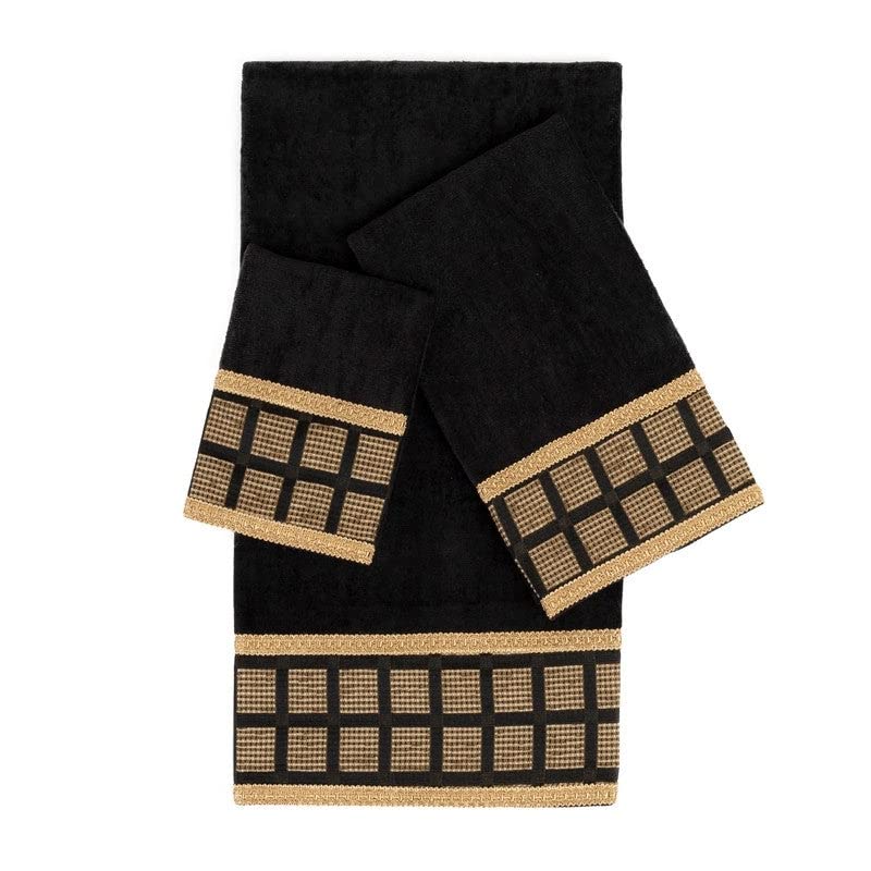Scholar Black 3-Piece Decorative Towel Set Jacquard Fabric Band Double Row of