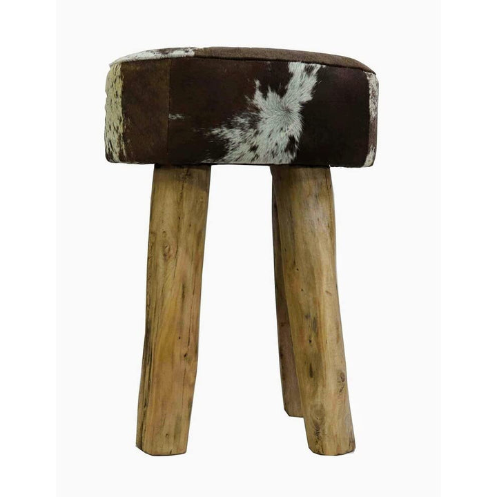 Round Stool in Brown White w Hide with Wood Legs Multi lor Rustic Pattern - Diamond Home USA
