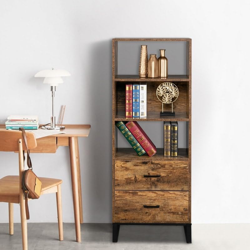 3-Tier Mid Century Modern Bookshelf with Drawers Display Storage Brown